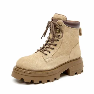 BeauToday Women Cow Suede Martin Boots Lace Up Combat Ankle Boots