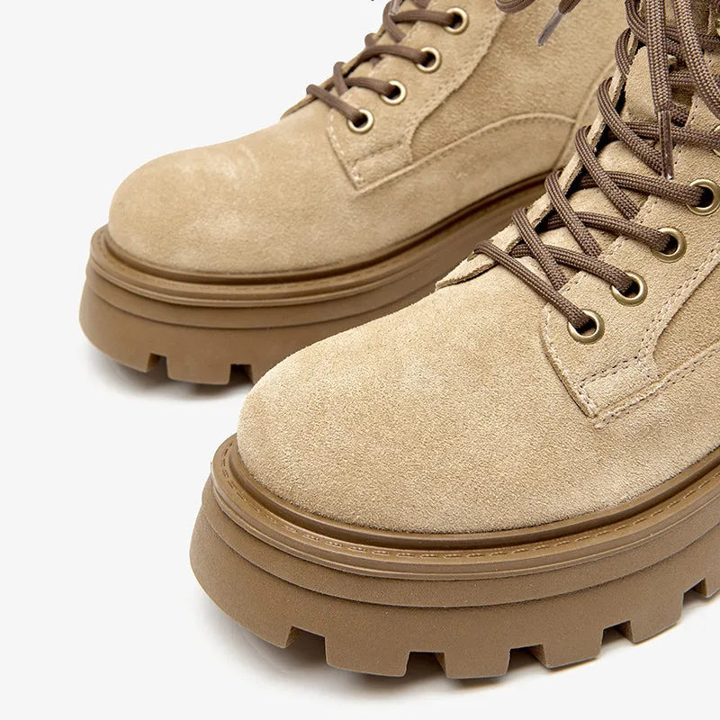 BeauToday Women Cow Suede Martin Boots Lace Up Combat Ankle Boots