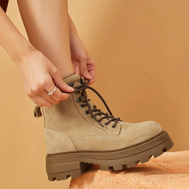 BeauToday Women Cow Suede Martin Boots Lace Up Combat Ankle Boots