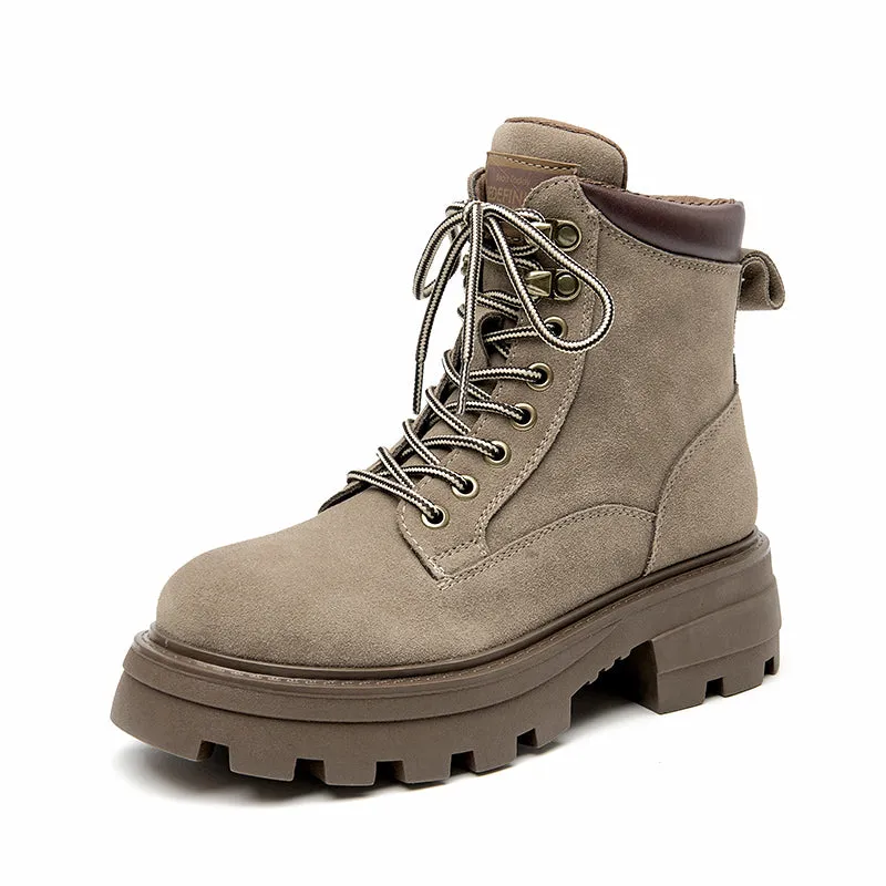 BeauToday Women Cow Suede Martin Boots Lace Up Combat Ankle Boots