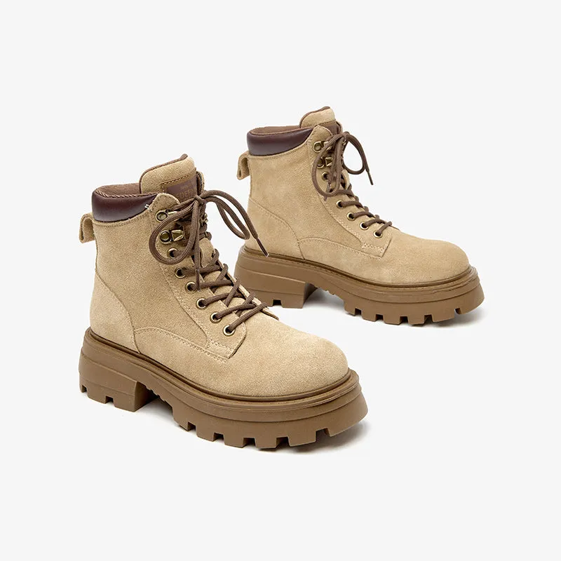 BeauToday Women Cow Suede Martin Boots Lace Up Combat Ankle Boots