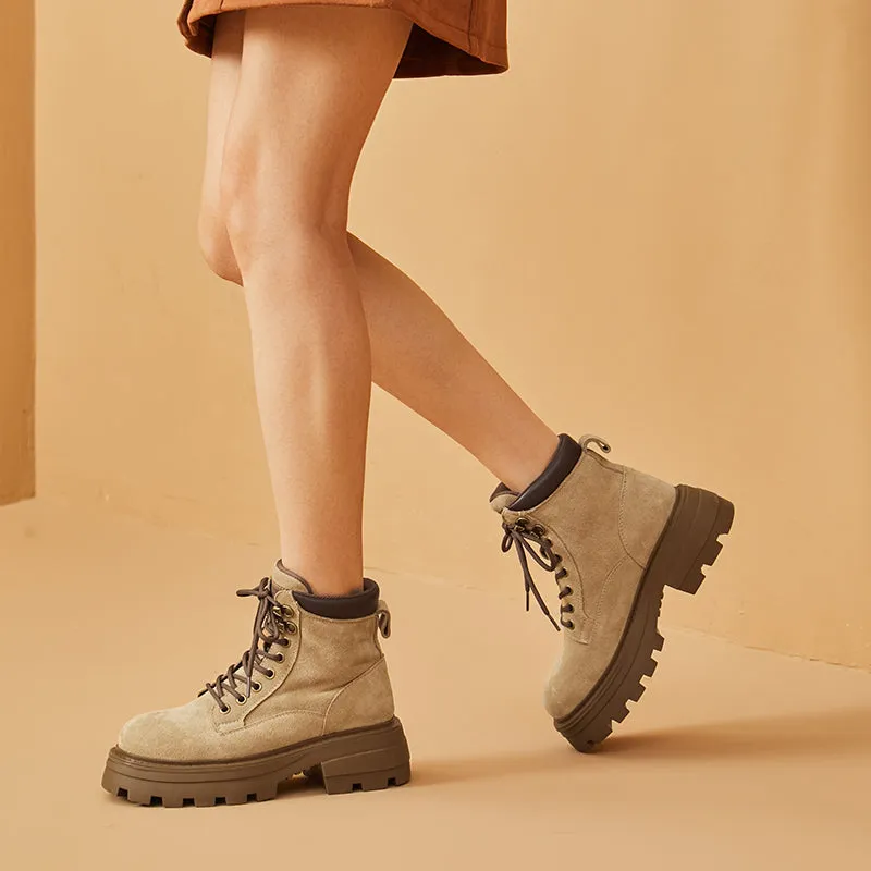 BeauToday Women Cow Suede Martin Boots Lace Up Combat Ankle Boots