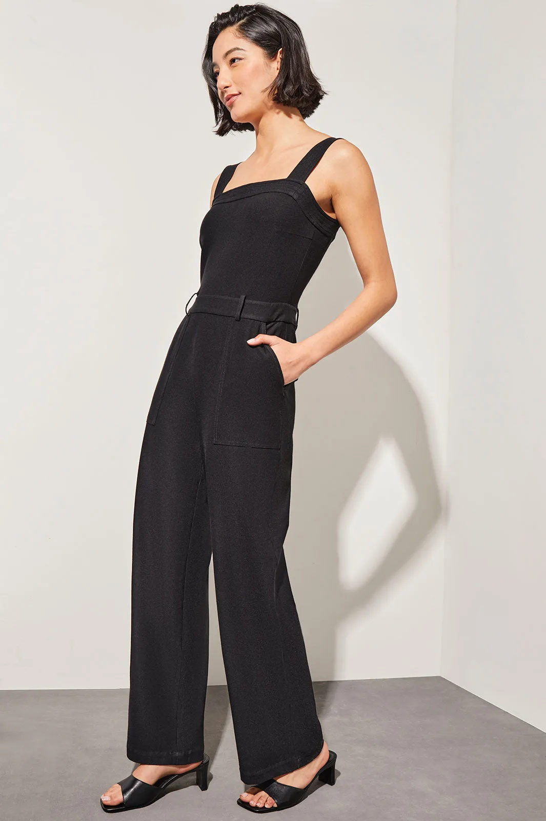 Belted Jumpsuit - Sleeveless Stretch Deco Crepe, Black
