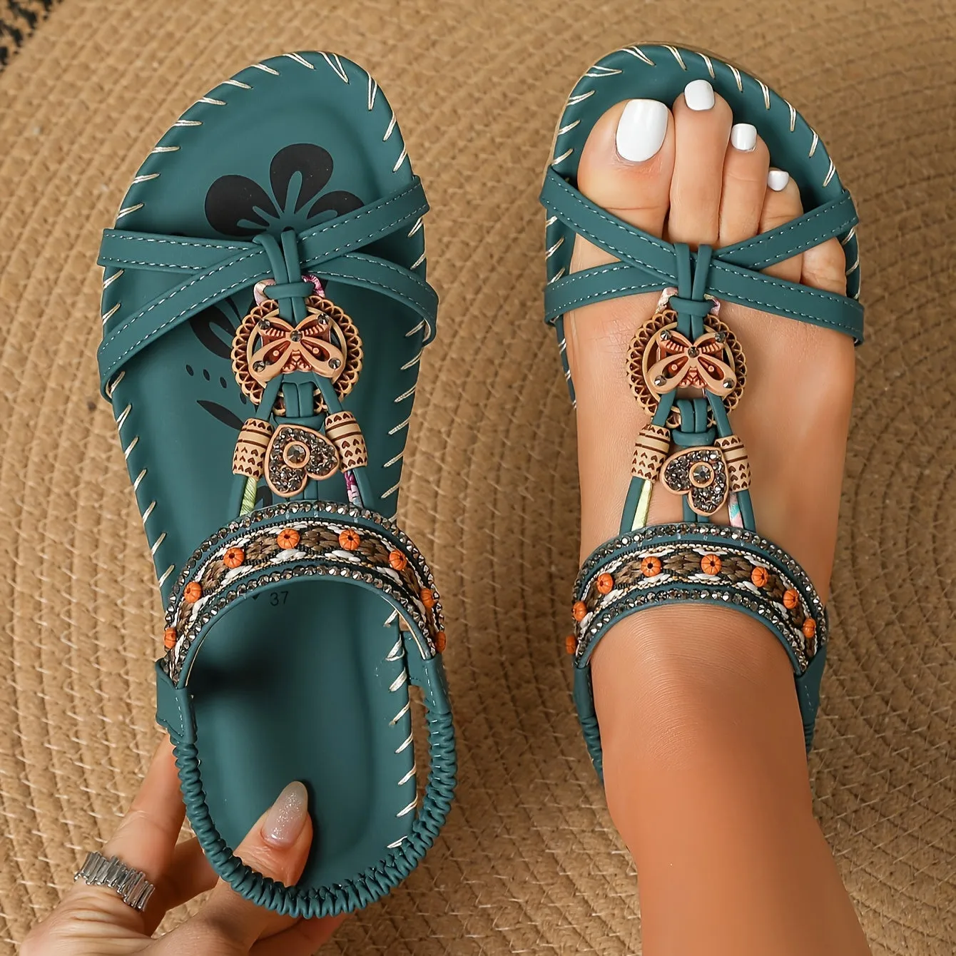 Boho chic handgemaakte sandalen met elastisch enkelbandje