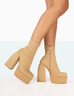 Charlie Taupe Nylon Platform Rounded Toe Block Heeled Ankle Boots