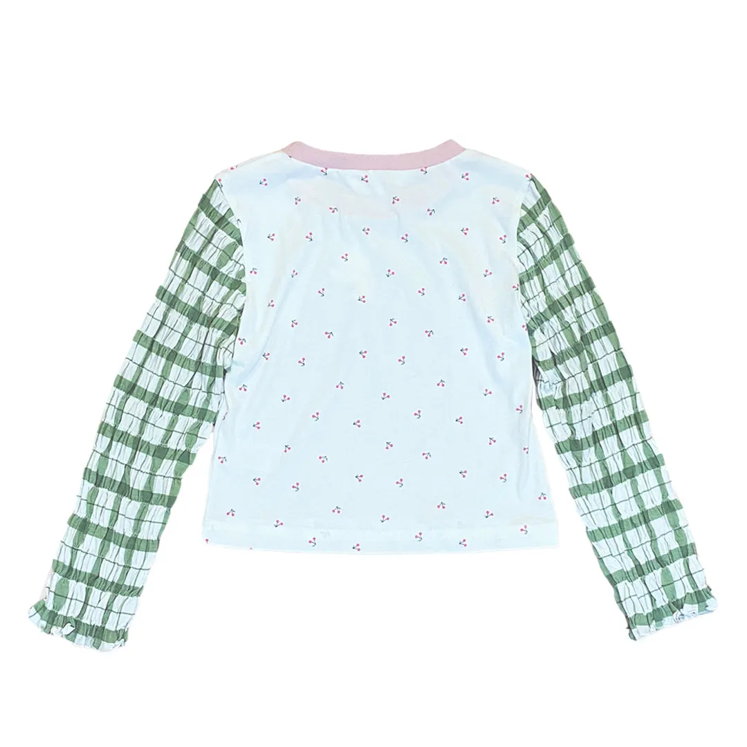 CHERRY SMOCKED LS BABY TEE WHITE GREEN