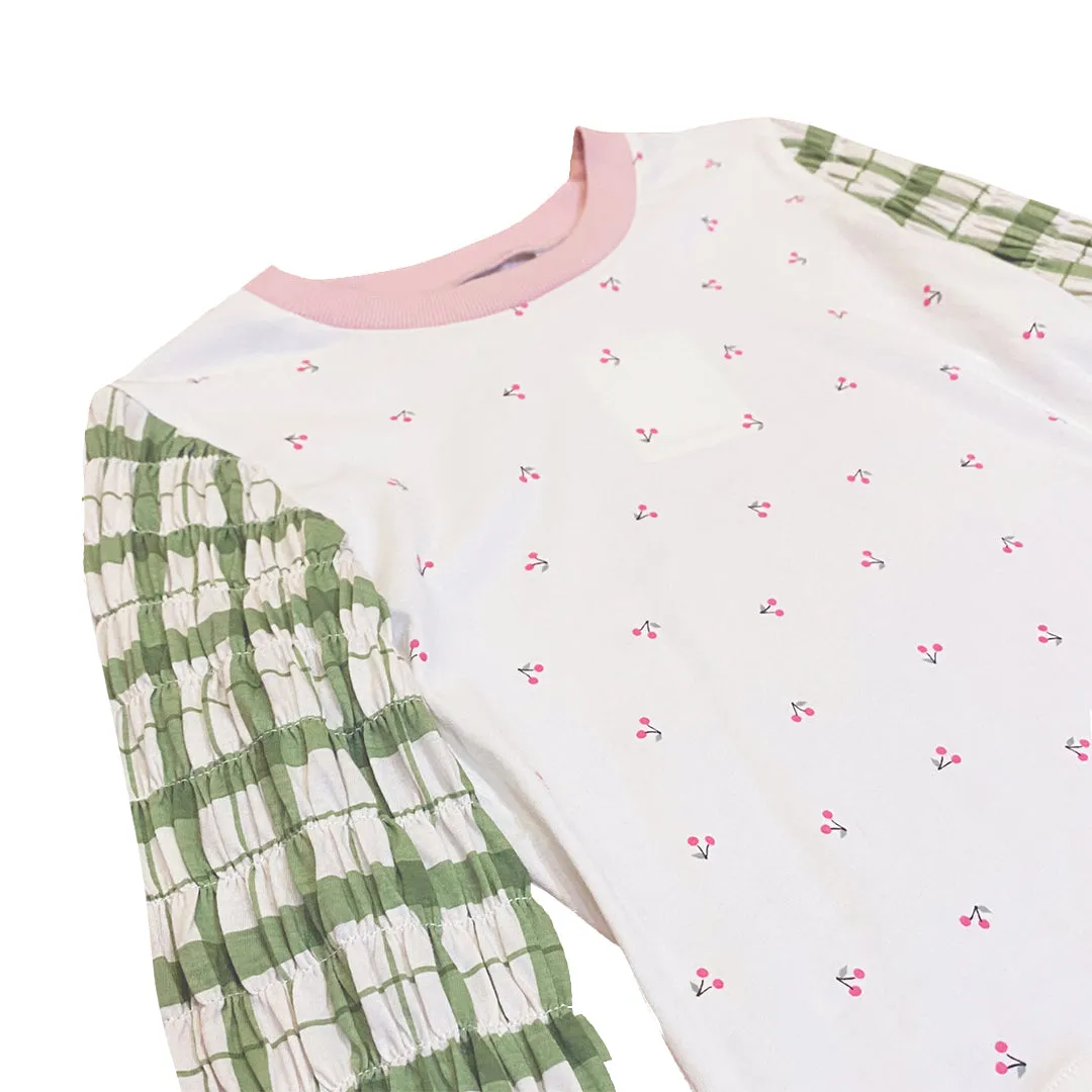 CHERRY SMOCKED LS BABY TEE WHITE GREEN