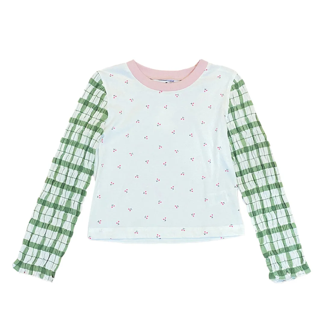 CHERRY SMOCKED LS BABY TEE WHITE GREEN