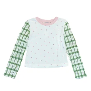 CHERRY SMOCKED LS BABY TEE WHITE GREEN
