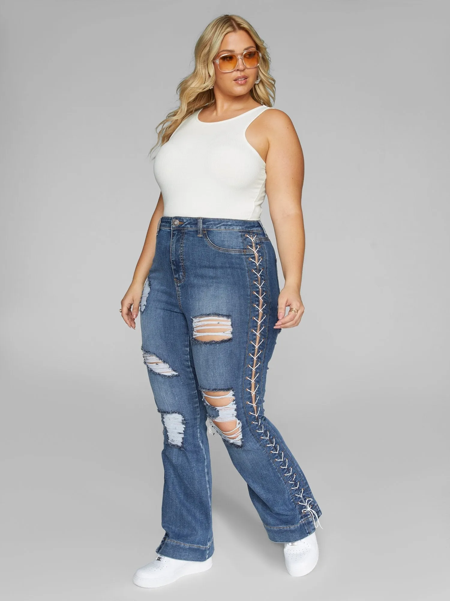 Fashion To Figure - High Rise Lace Up Side Flare Jeans