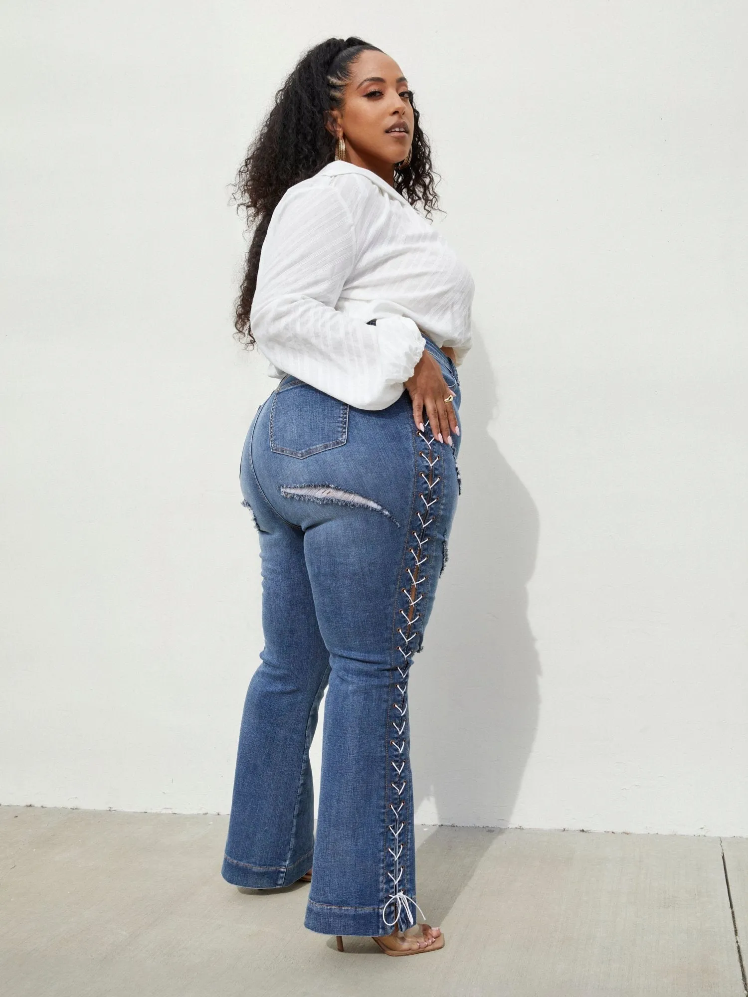 Fashion To Figure - High Rise Lace Up Side Flare Jeans