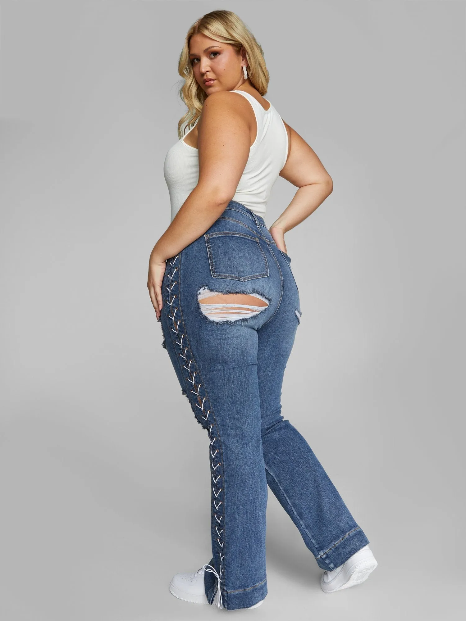 Fashion To Figure - High Rise Lace Up Side Flare Jeans