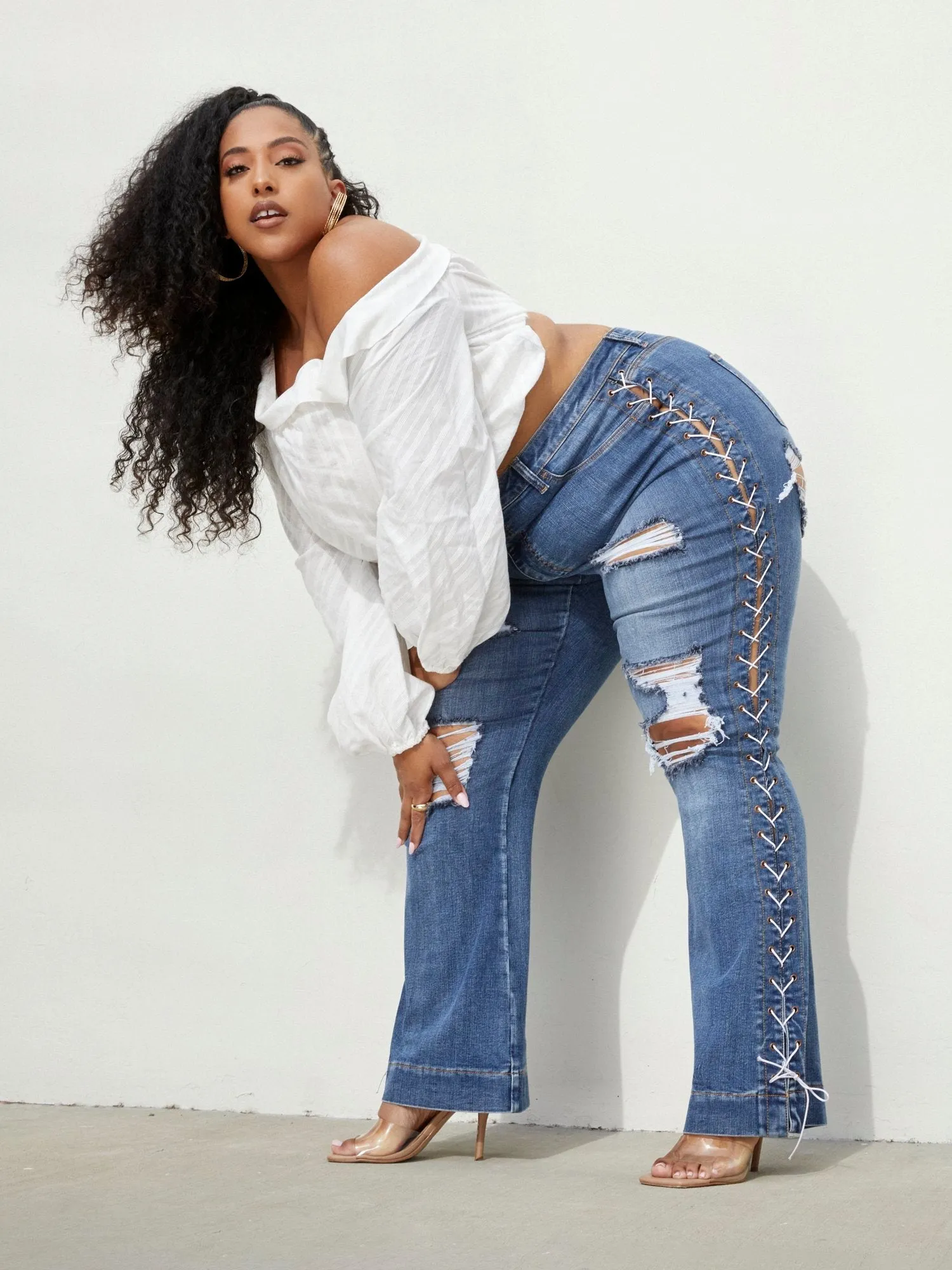 Fashion To Figure - High Rise Lace Up Side Flare Jeans