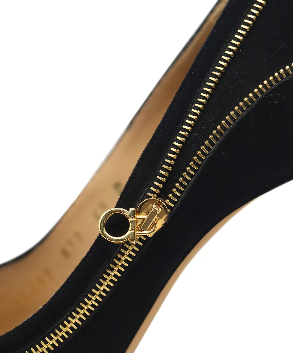 Ferragamo Black Suede & Gold Zipper Heels sz 6.5