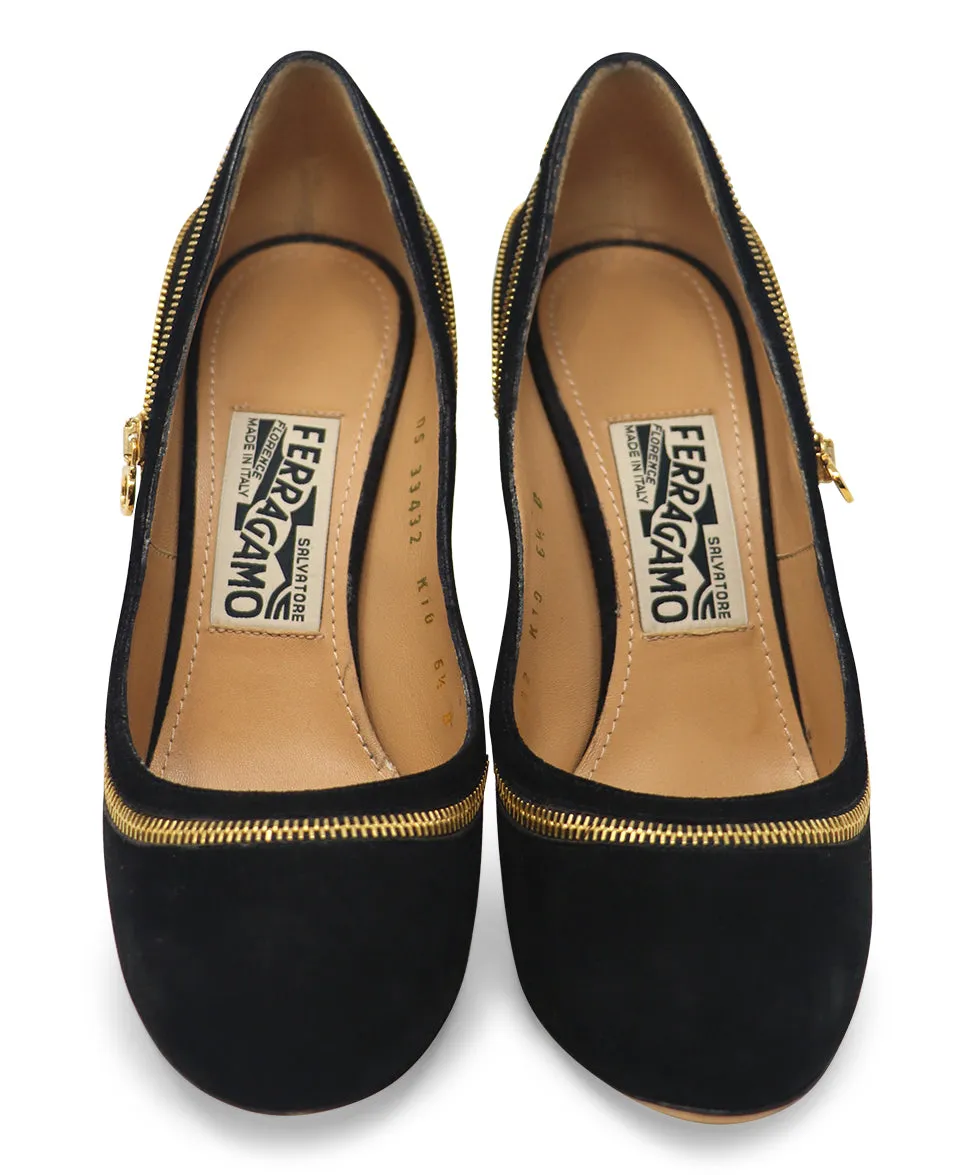 Ferragamo Black Suede & Gold Zipper Heels sz 6.5