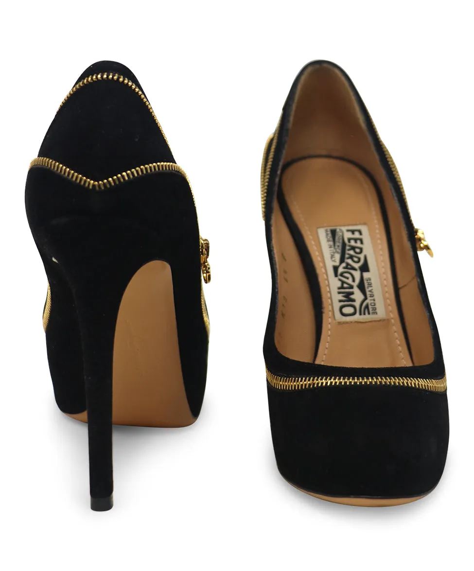 Ferragamo Black Suede & Gold Zipper Heels sz 6.5
