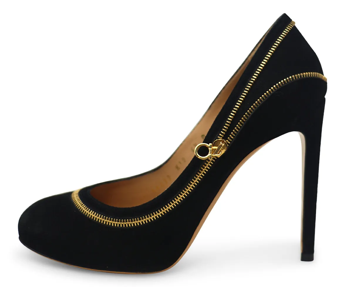 Ferragamo Black Suede & Gold Zipper Heels sz 6.5