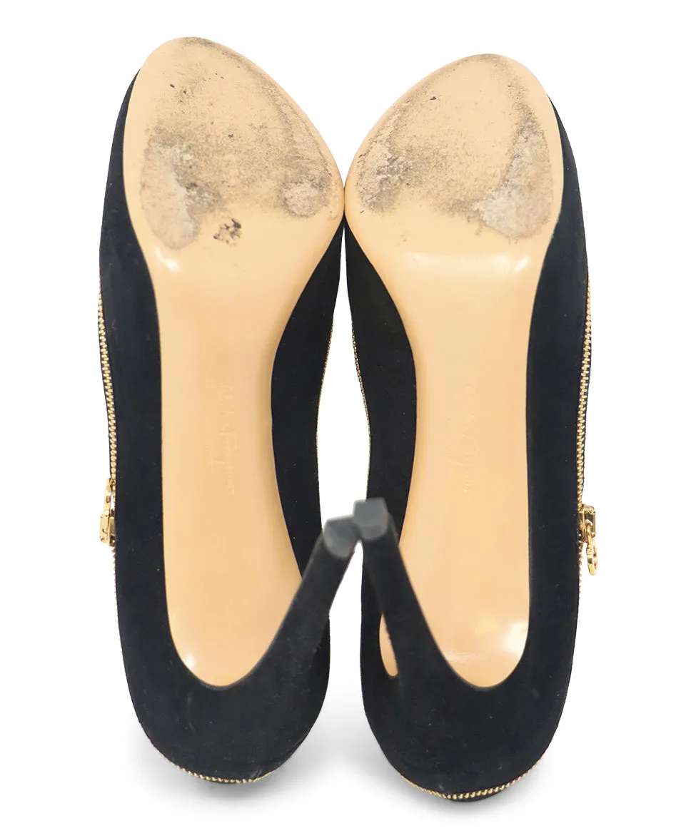 Ferragamo Black Suede & Gold Zipper Heels sz 6.5