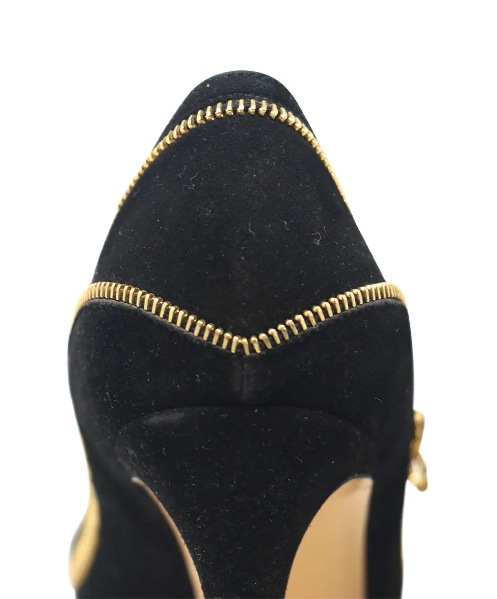 Ferragamo Black Suede & Gold Zipper Heels sz 6.5