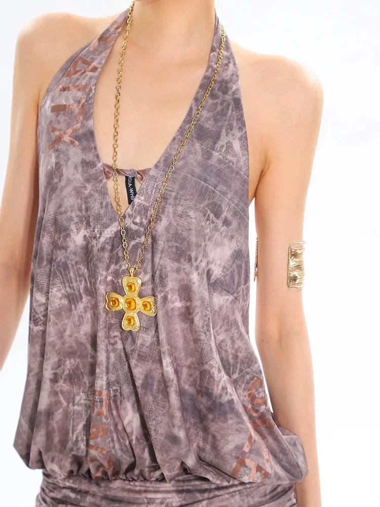 Halter Neck Tie-Dye Blouson Mini Dress with Ruched Hem