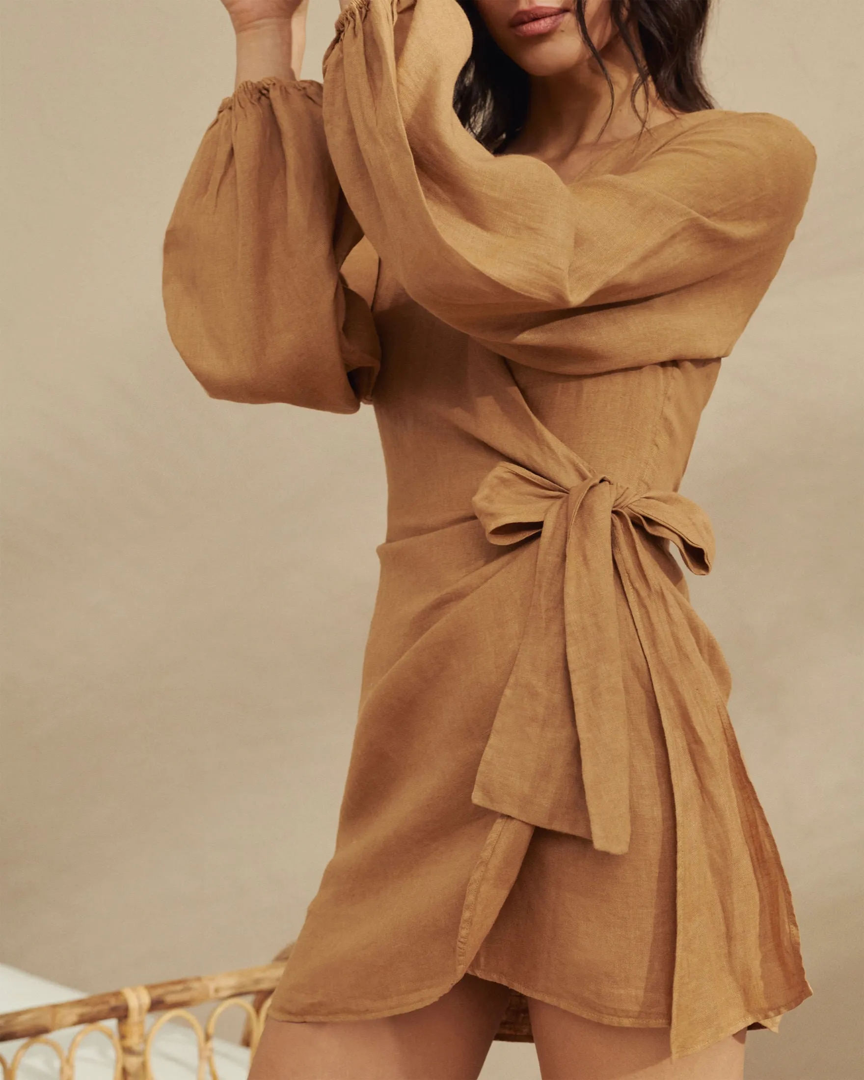 Linen Biarritz Dress - L15BZ - Wraparound Design Brown Sugar