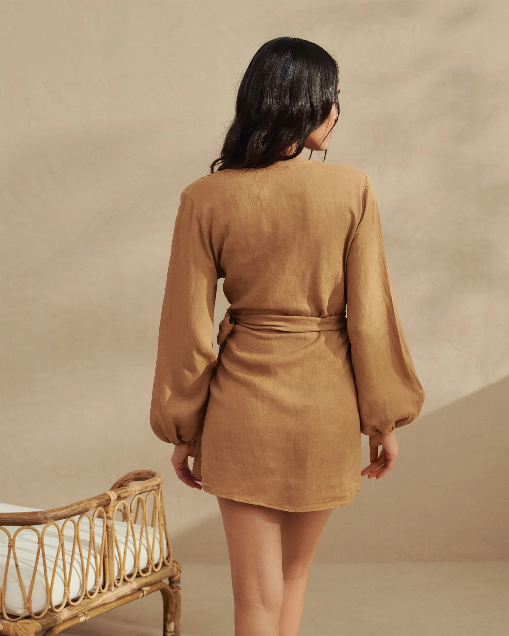 Linen Biarritz Dress - L15BZ - Wraparound Design Brown Sugar