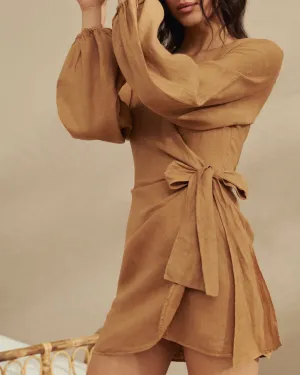 Linen Biarritz Dress - L15BZ - Wraparound Design Brown Sugar