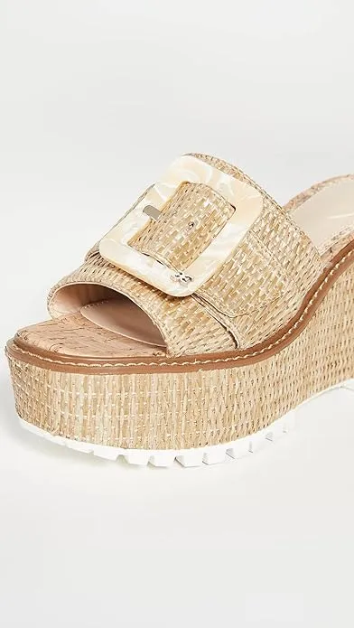 Sam Edelman Livi Natural Squared Open Toe Slip On Buckle Detailed Wedge Sandals