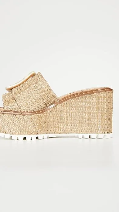Sam Edelman Livi Natural Squared Open Toe Slip On Buckle Detailed Wedge Sandals