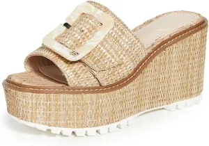 Sam Edelman Livi Natural Squared Open Toe Slip On Buckle Detailed Wedge Sandals