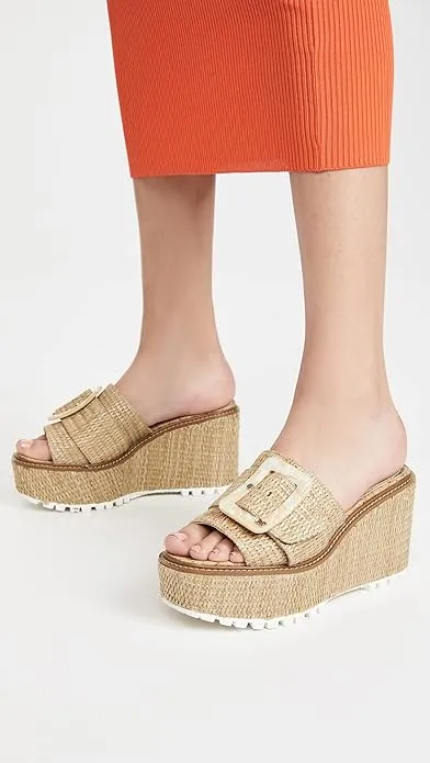 Sam Edelman Livi Natural Squared Open Toe Slip On Buckle Detailed Wedge Sandals