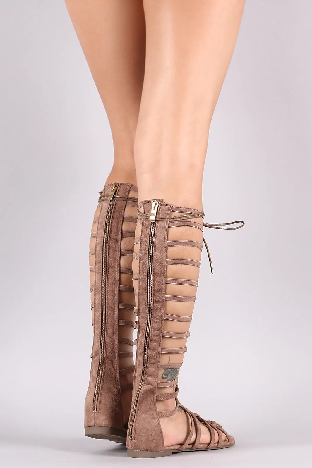 Suede Strappy Studded Lace-Up Gladiator Flat Sandal