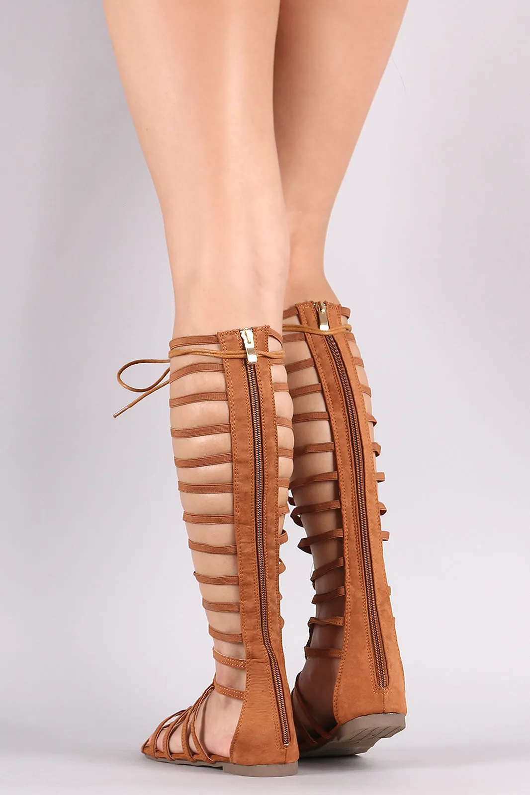 Suede Strappy Studded Lace-Up Gladiator Flat Sandal