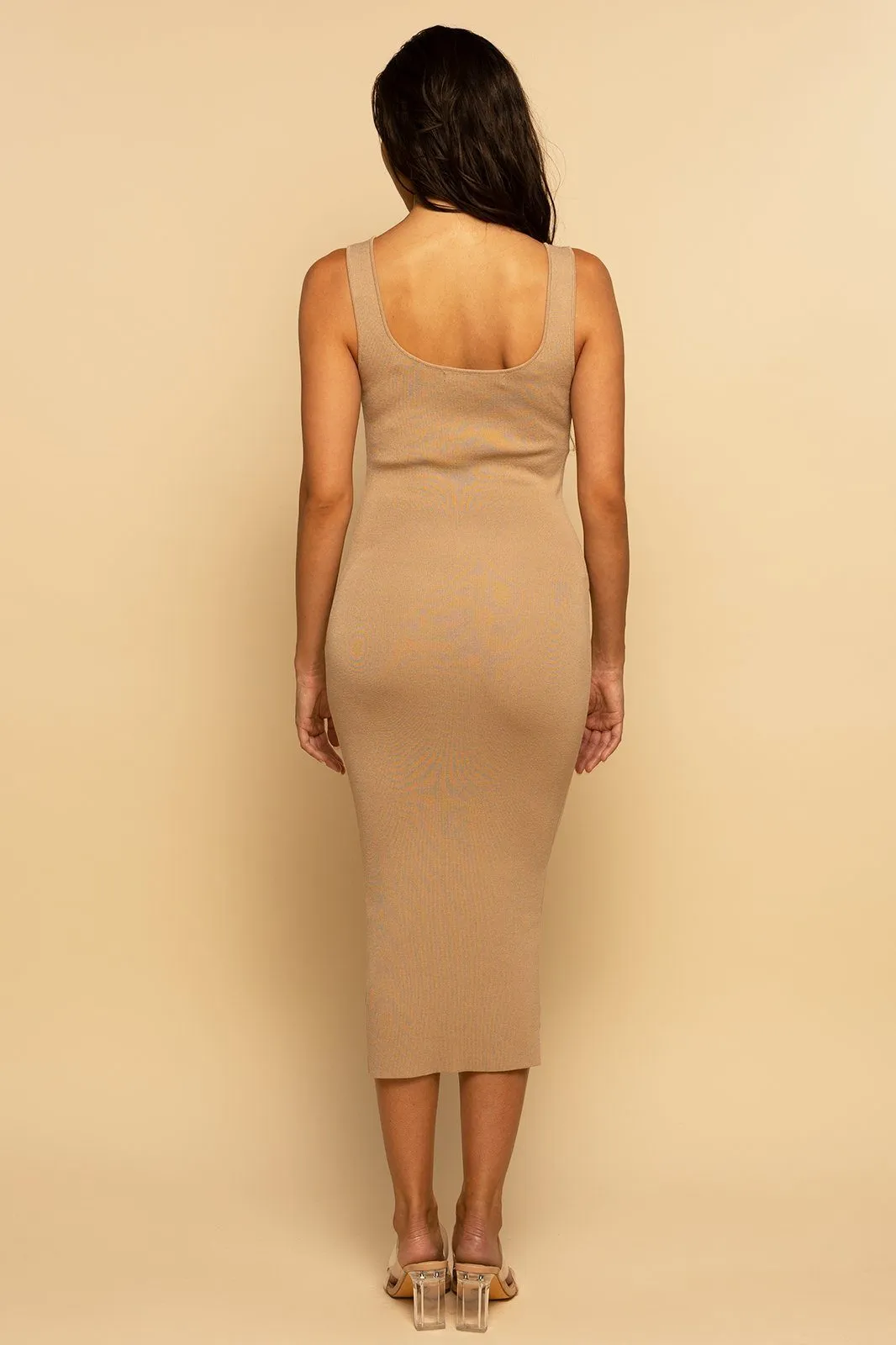 Taupe Sleeveless Knit Tank Midi Dress